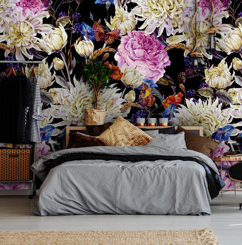 self adhesive wall mural peel and stick removable wallpaper Field flowers dark wallpaper wall decor temporary wallpaper floral bouquet