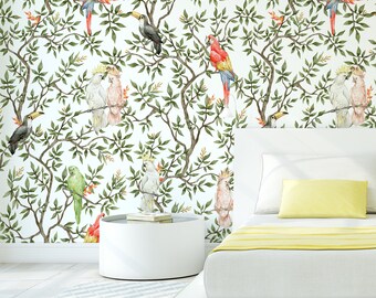 Papel pintado de acuarela con pájaros tropicales, papel pintado floral despegable y pegable, mural de pared autoadhesivo, chinoiserie, arte de pared, decoración de pared