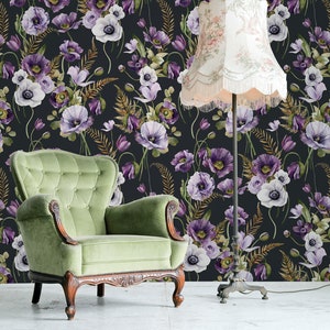 Dunkle Blumentapete, Tapete mit lila Blumen, Aquarell Tapete, selbstklebend, schälen und aufkleben, abnehmbare oder traditionelle Tapete