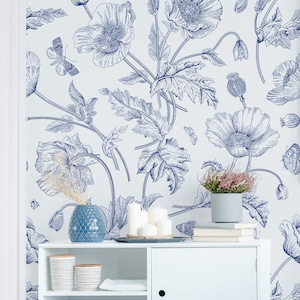 Blue meadow flowers wallpaper, self adhesive removable wallpaper, floral wall mural, temporary wallpaper, peel and stick wallpaper