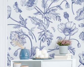 Papel pintado de flores de prado azul, papel pintado autoadhesivo removible, mural de pared floral, papel pintado temporal, papel pintado despegable y pegado