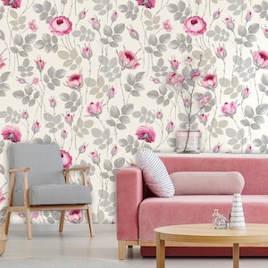 Floral wallpaper, pink roses on baige background, retro wallpaper, self adhesive, peel and stick, removable or traditional, vinyl wallpaper