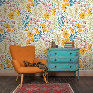 Bohemian floral wallpaper, peel and stick wall mural, self adhesive wallpaper, vintage flroal pattern, removable wallpaper zdjęcie 4