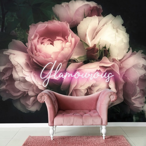 Pink Rose Removable Wallpaper Dark Floral Mural Peony Wall Etsy