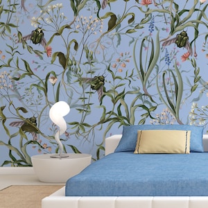 Botanical pattern on blue background wall mural, self adhesive, removable, peel and stick wallpaper, wall decor