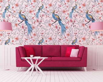 Papel pintado chinoiserie, mural de pared con pájaros florales, acuarela, autoadhesivo, despegable y pegable, extraíble o tradicional, papel pintado de vinilo