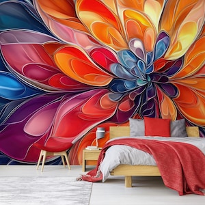 Colorful floral wallpaper, abstract botanical wall mural, self adhesive, peel and stick, removable or traditional, vinyl wallpaper