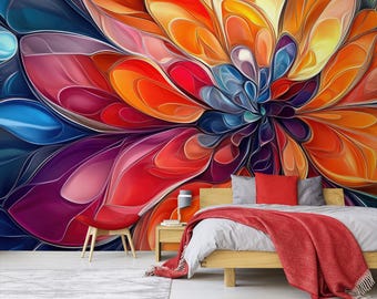 Colorful floral wallpaper, abstract botanical wall mural, self adhesive, peel and stick, removable or traditional, vinyl wallpaper