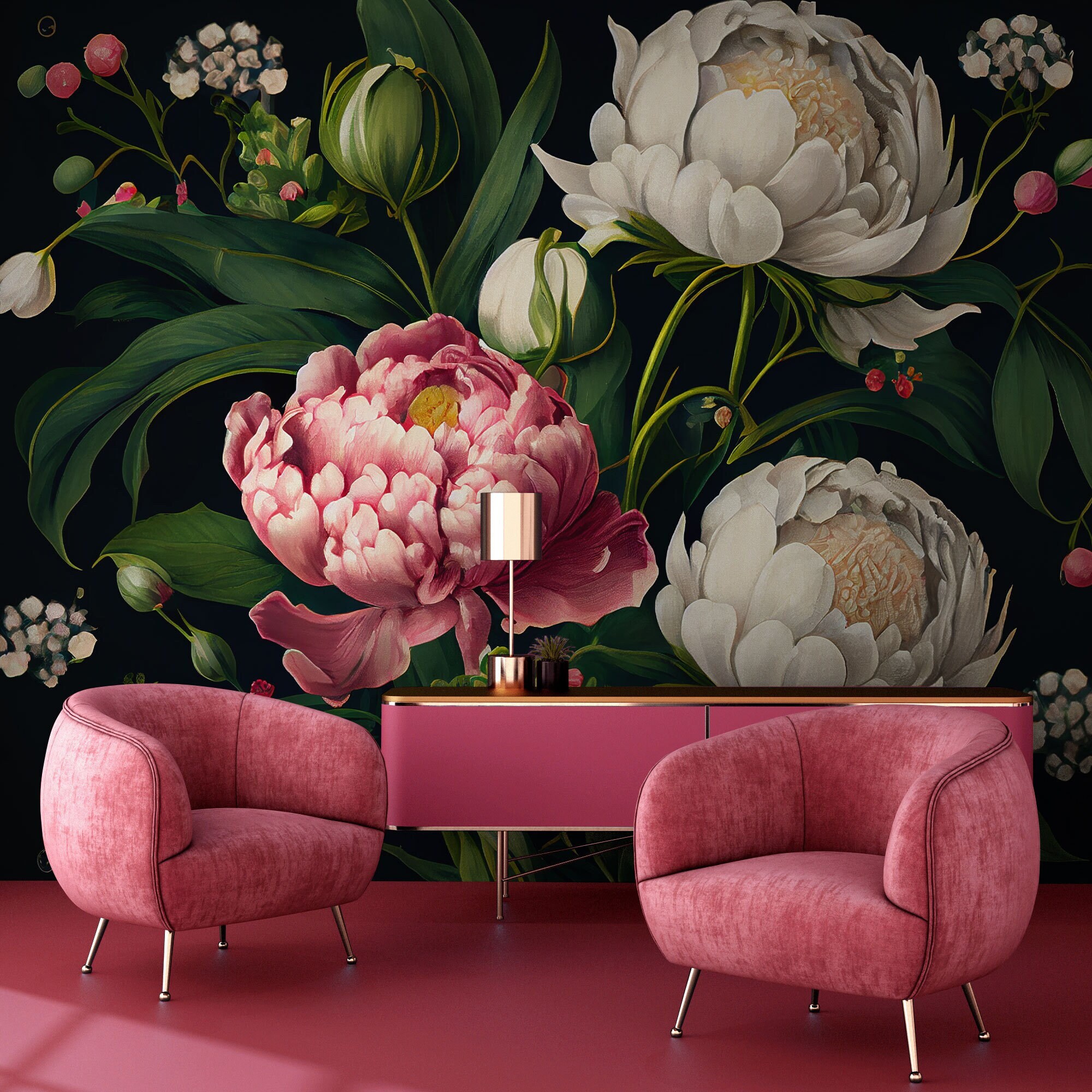 Dark Vintage Flowers Wall Mural, Peony Flowers Painting Wallpaper, Self ...