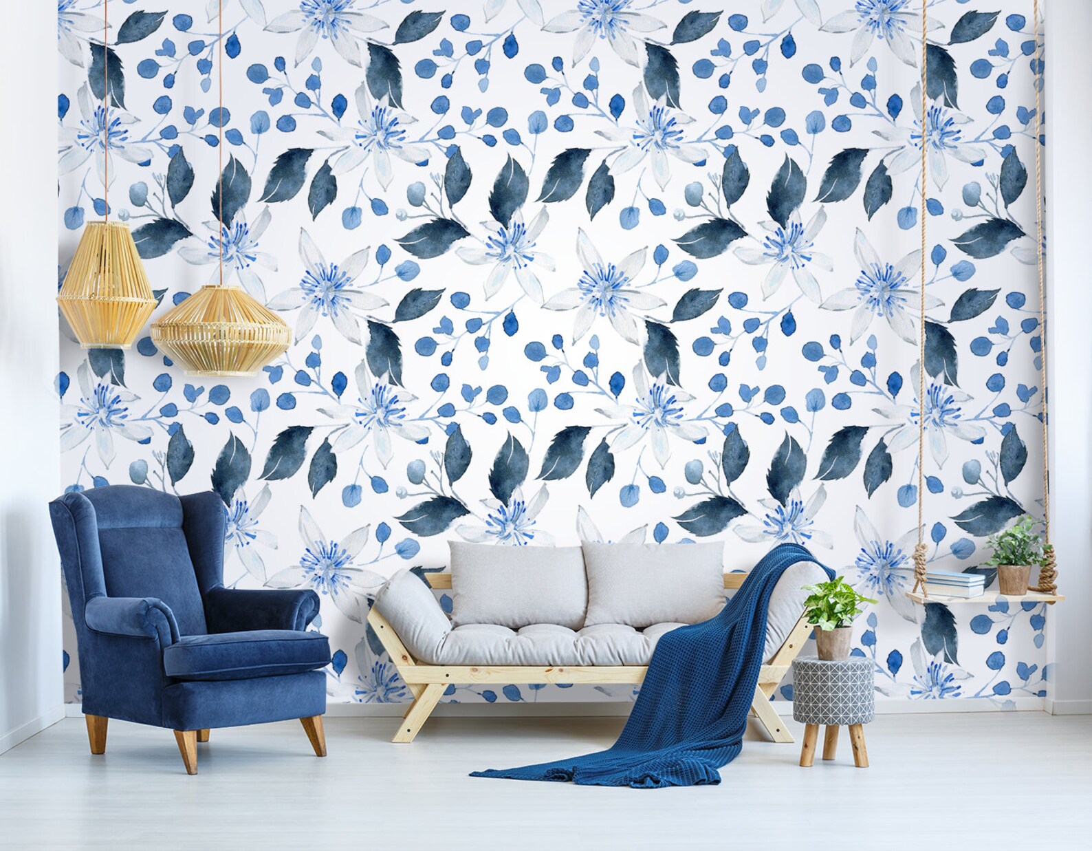 Watercolor wallpaper with blue flowers peel and stick wall - Etsy 日本