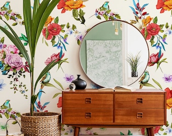 Chinoiserie bright wallpaper, peel and stick wallpaper, birds and flowers wallpaper, self adhesive, removable, wall decor