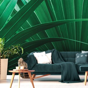 Exotic palm leaves wall mural, self adhesive removable wallpaper, tropical leaf print, peel and stick wallpaper, wall decor