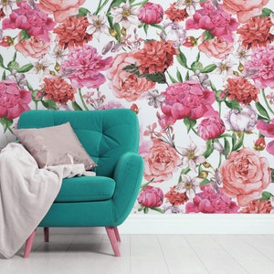 Pink and red peonies wallpaper, peel and stick, self adhesive, floral pattern, removable wallpaper, wall decor