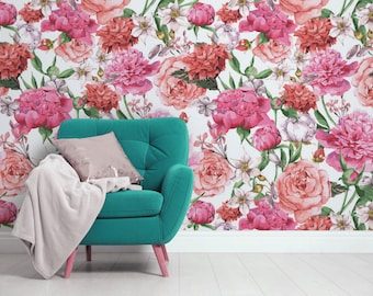 Tapete mit rosa und roten Pfingstrosen, schälen und aufkleben, selbstklebend, Blumenmuster, abnehmbare Tapete, Wanddeko