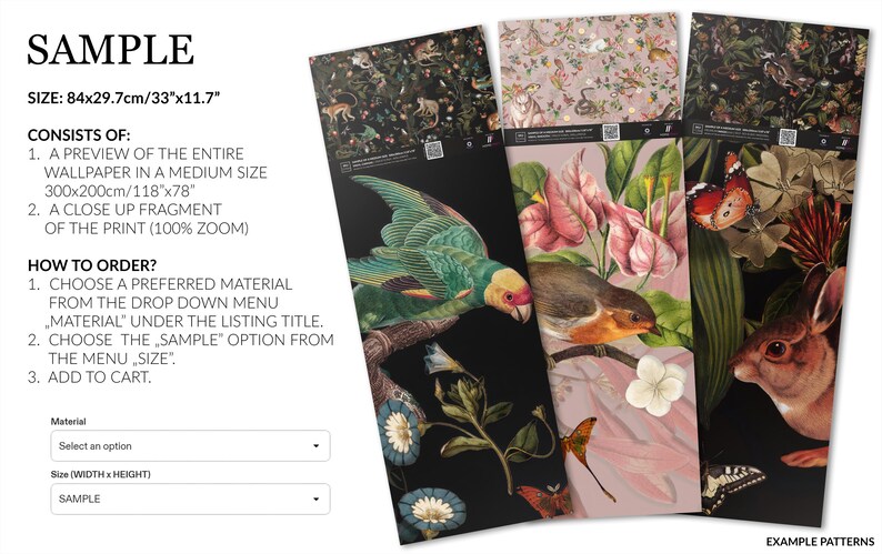 Dark garden wallpaper, vintage floral wall mural, wall art, home decor, self adhesive peel and stick or traditional vinyl SAMPLE