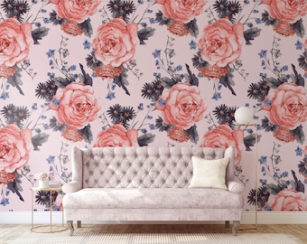 Romantic rose wallpaper, peel and stick, self adhesive, floral pattern, removable wallpaper, wall decor