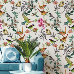 Boho floral wallpaper, self adhesive wall mural, tropical flowers and exotic birds, watercolor pattern, removable peel and stick wallpaper#