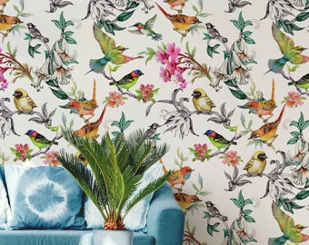 Boho floral wallpaper, self adhesive wall mural, tropical flowers and exotic birds, watercolor pattern, removable peel and stick wallpaper#