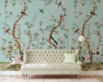 Chinoiserie floral wall mural, self adhesive removable wallpaper, floral print, peel and stick wallpaper, wall decor