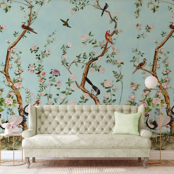 Chinoiserie floral wall mural, self adhesive removable wallpaper, floral print, peel and stick wallpaper, wall decor