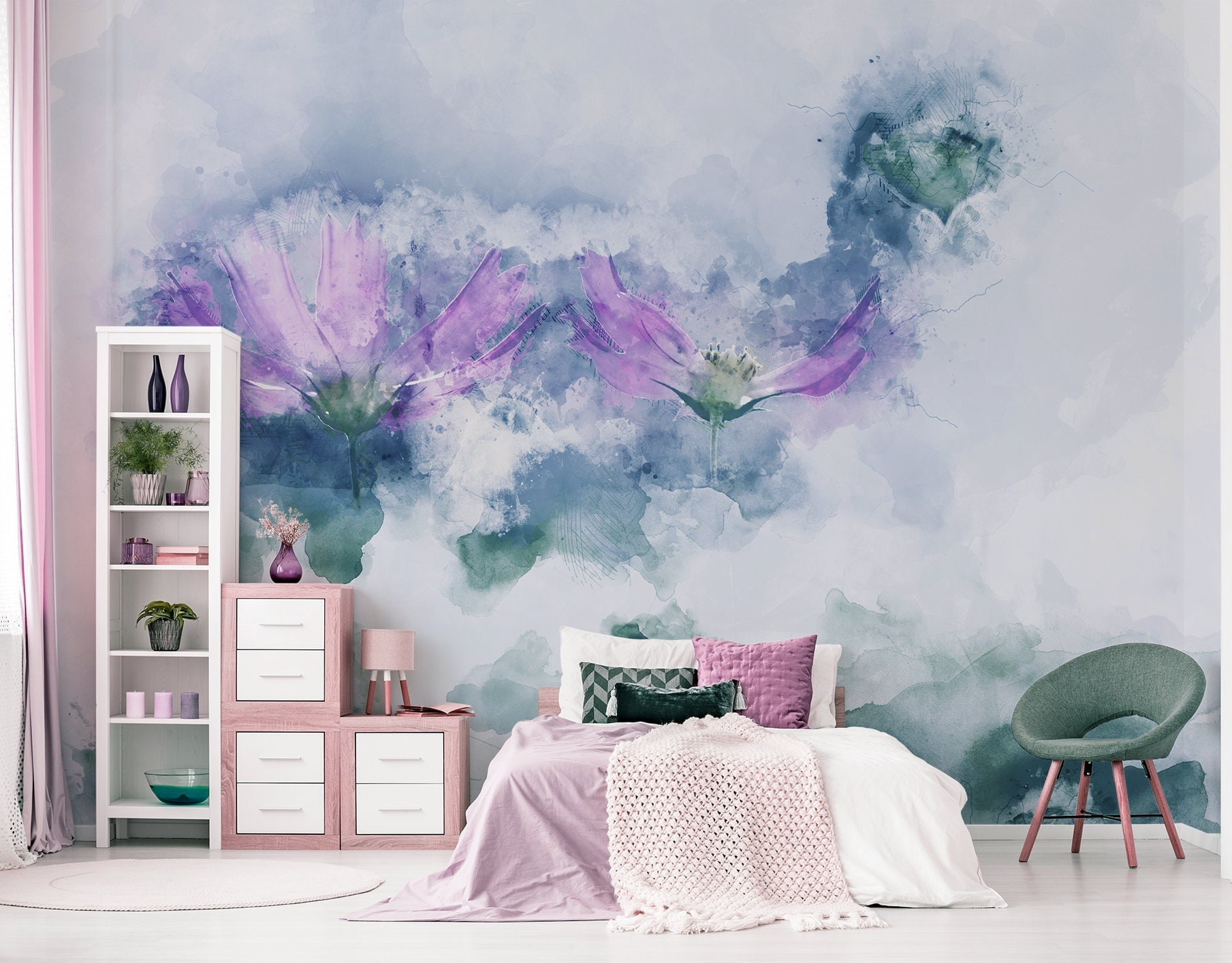 Purple Grey Floral Wallpaper Self Adhesive Removable Etsy