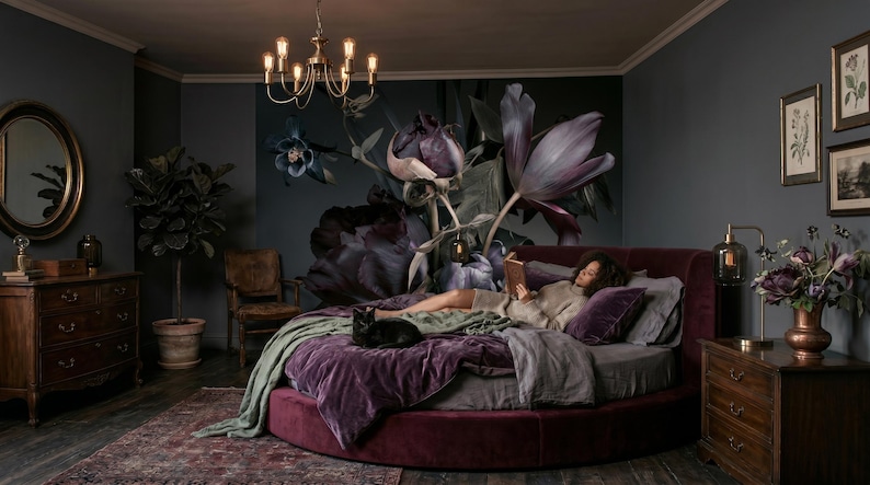 May include: A round, deep burgundy velvet bed frame with matching plush bedding, a sage green throw blanket, and a black cat resting on top. The bedroom features dark walls with a large floral mural, wooden furniture, and a brass chandelier.
