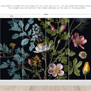 May include: A dark background with a floral pattern featuring blue, pink, white, and yellow flowers. The wallpaper is divided into panels of 58.4 cm to 119 cm wide for easier installation.