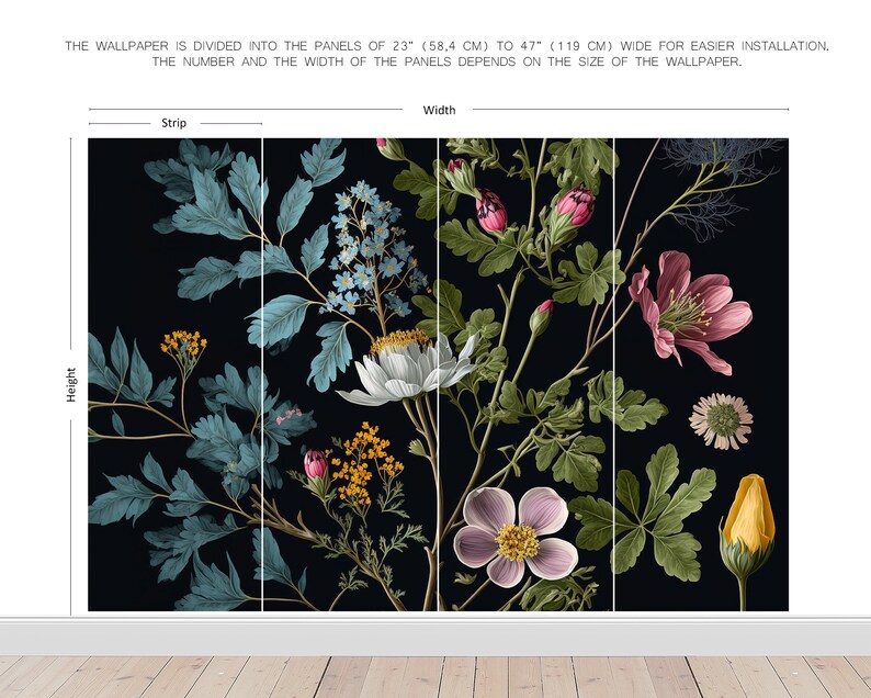 May include: A dark background with a floral pattern featuring blue, pink, white, and yellow flowers. The wallpaper is divided into panels of 58.4 cm to 119 cm wide for easier installation.