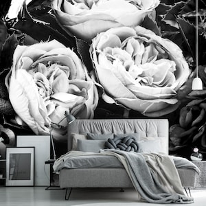Papel tapiz removible de peonía, mural de pared autoadhesivo, papel tapiz en blanco y negro, papel tapiz removible despegable y pegable, decoración del hogar n.º 174