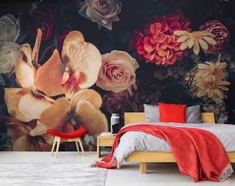 Dark floral wallpaper with tropical flowers, peel and stick wall mural, floral home decor, temporary removable wallpaper, home decor