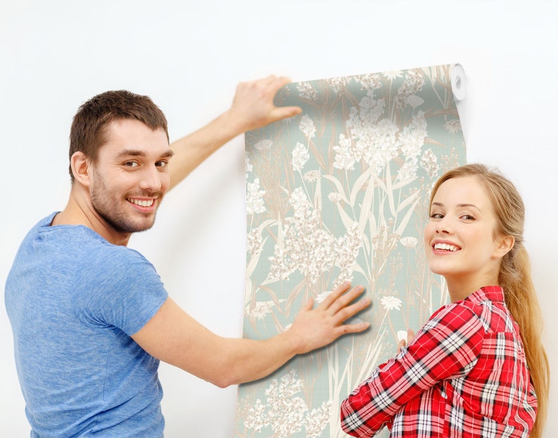 Light Green Botanical Wallpaper Classic Floral Pattern Etsy