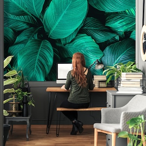 Tropical leaves self adhesive wallpaper, botanical removable wall mural, peel and stick temporary wallpaper mural, home decor#