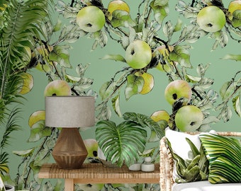 Green apples wallpaper, peel and stick, fruits and leaves pattern, self adhesive wall mural, wall art, wall decor