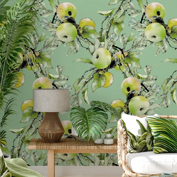Green apples wallpaper, peel and stick, fruits and leaves pattern, self adhesive wall mural, wall art, wall decor
