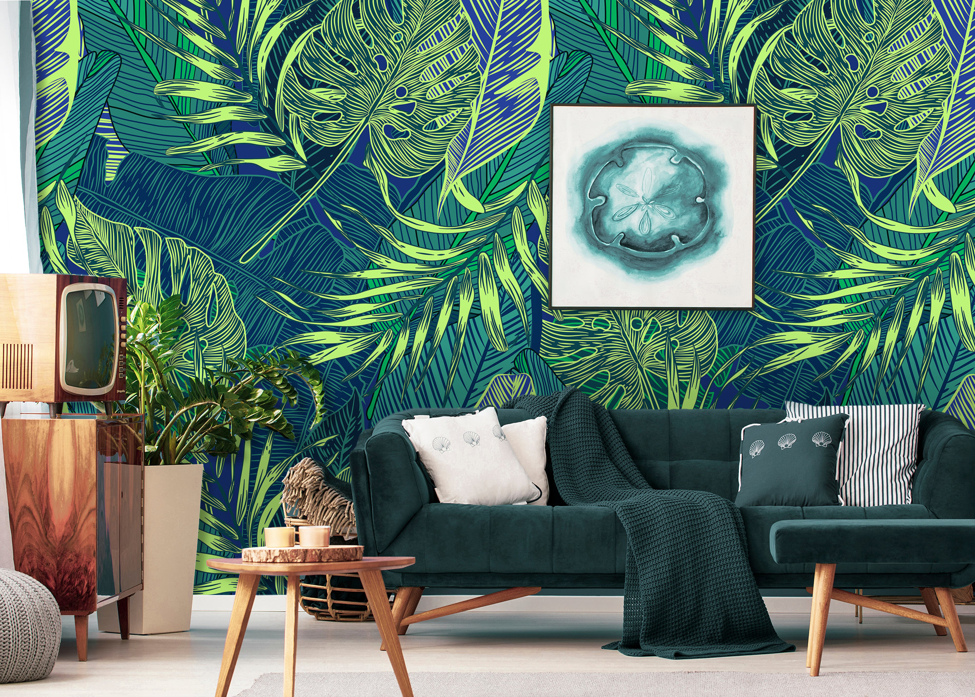 Tropical Leaves Wallpaper, Peel and Stick Wall Mural, Palm Leaf Print ...