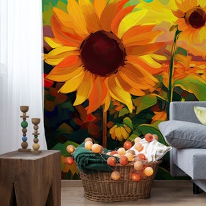 Sunfower wallpaper, painted flowers wall mural, self adhesive, peel and stick, removable or traditional, vinyl wallpaper