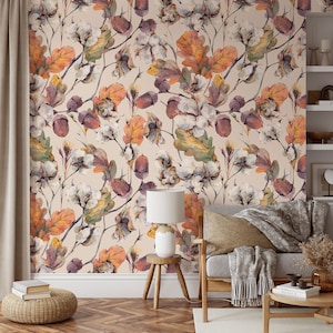 Autumn floral wallpaper, oak leaves and acorns pattern, peel and stick removable wallpaper, self adhesive wallpaper, wall mural, wall decor