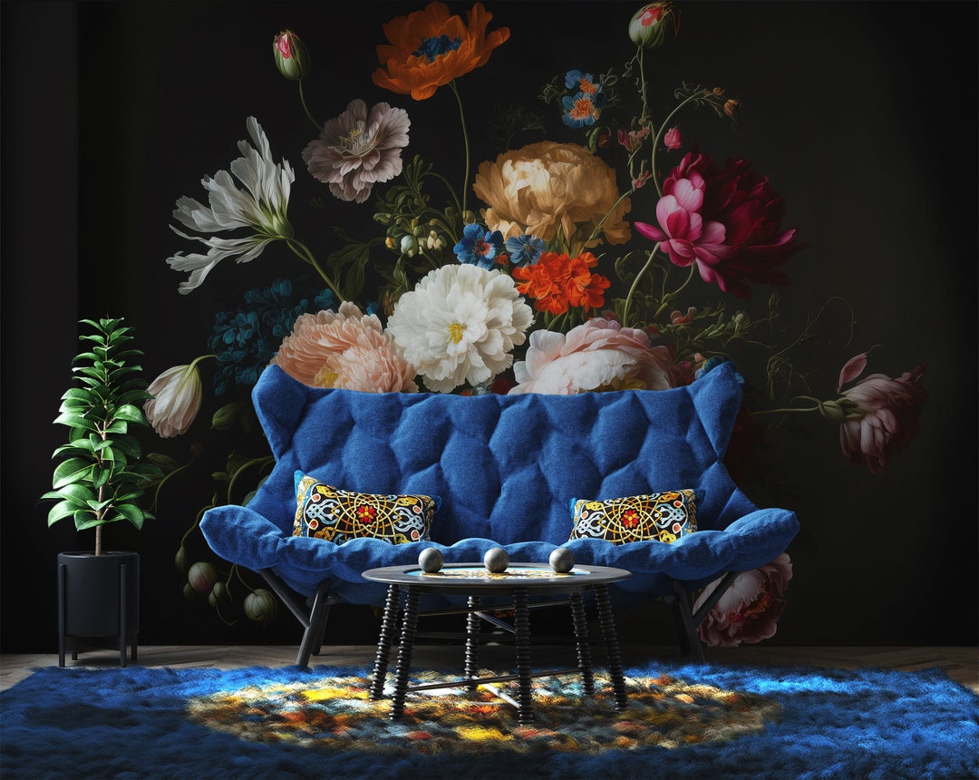 Dark Vintage Floral Wall Mural, Painted Flowers Wallpaper, Self