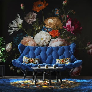 Dark vintage floral wall mural, painted flowers wallpaper, self adhesive, peel and stick, removable or traditional, vinyl wallpaper