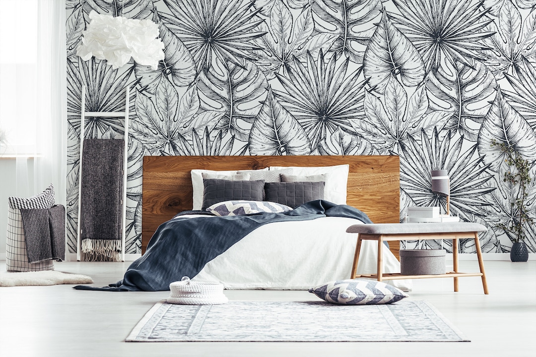 Monochrome Leaves Wallpaper, Peel and Stick Wall Mural, Black and White ...