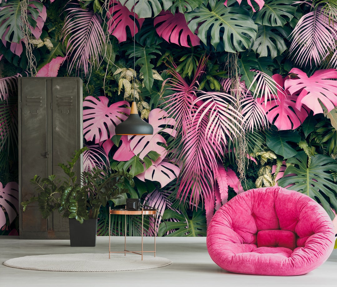 Tropical Wall Mural With Monstera Leaves, Peel and Stick Wallpaper ...