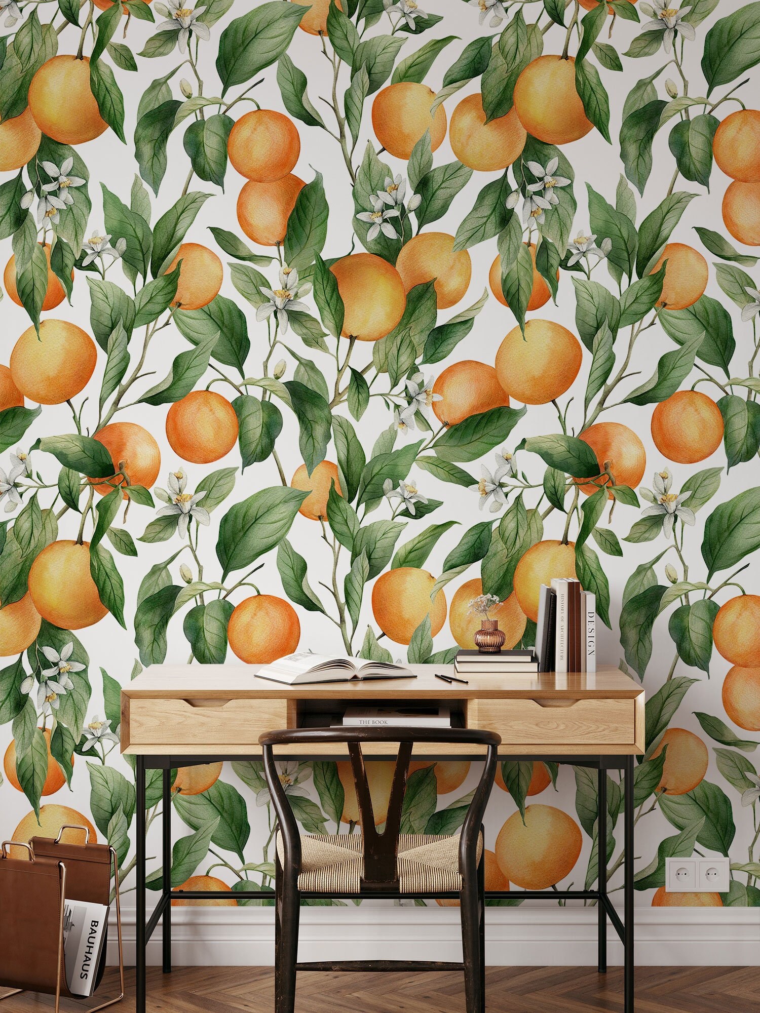 Watercolor wallpaper with oranges, botanical fruit wallpaper,  self adhesive, peel and stick, removable or traditional, vinyl wallpaper