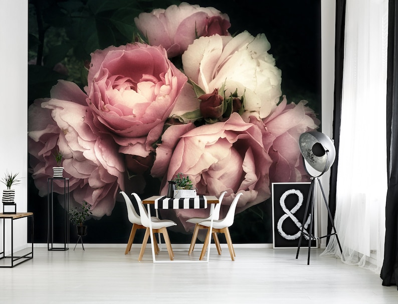 Pink rose wallpaper peel and stick dark floral mural wall Etsy