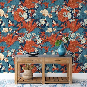 Vintage floral wallpaper, botanical flowers, self adhesive, peel and stick, removable or traditional, vinyl wallpaper