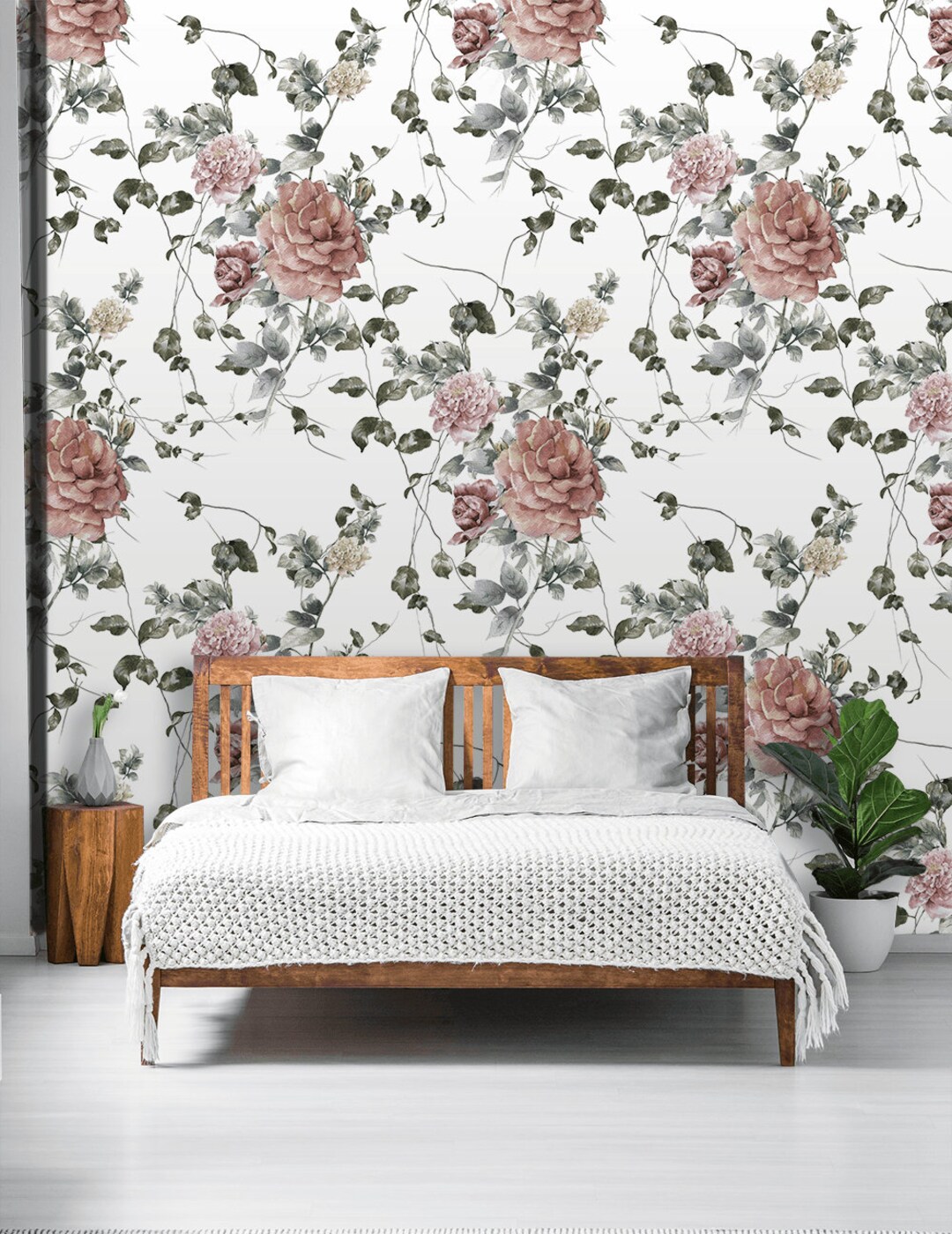 Watercolor Roses Wallpaper, Peel and Stick Wall Mural With Painted