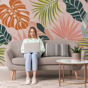 Colorful tropical mural, palm leaves wallpaper, plant wallpaper, self adhesive, peel and stick, removable or traditional, vinyl wallpaper
