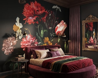 Vintage bloemsierkunst muurschildering met Nederlandse schilderkunst, retro kunst aan de muur, donker interieur, zelfklevend peel-and-stick of traditioneel vinyl