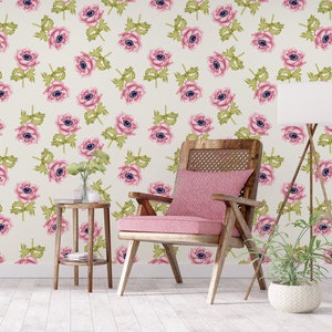 Pink flowers wallpaper, vintage floral wall mural, floral print, self adhesive, peel and stick, removable or traditional, vinyl wallpaper