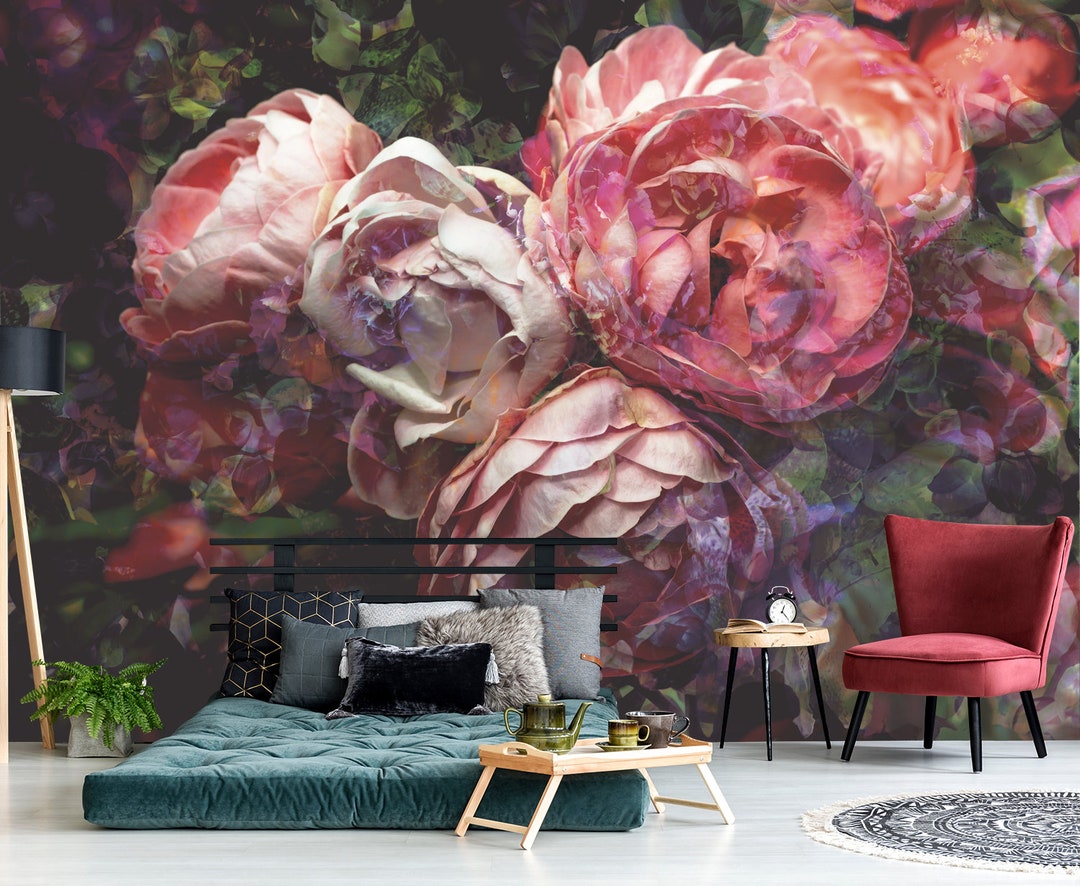 Big Pink Peony Wall Mural, Peel and Stick Wallpaper, Temporary ...
