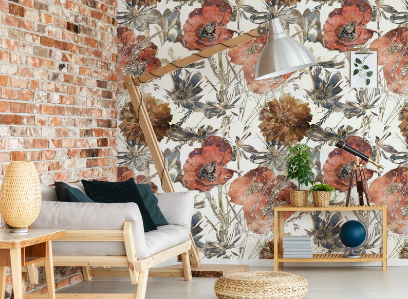 Peel and stick wallpaper with floral pattern of red poppy and Etsy